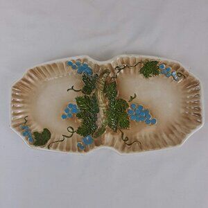 Vintage Majolica Grapevine 2 Section Candy Dish/Olive Dish Painted & Glazed